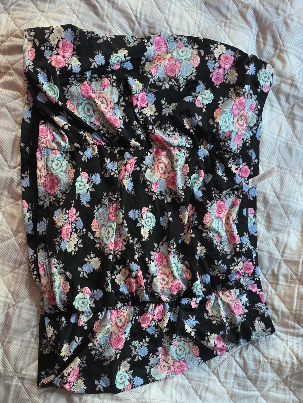 Rue21 Black Floral Strapless Romper with Pink & Mint Accents